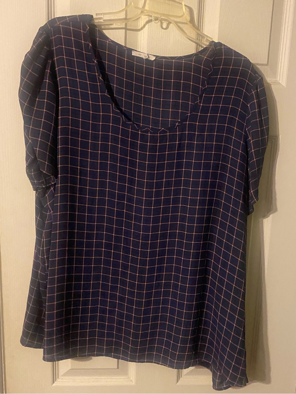 Maurices Navy Blue and pink Windowpane Short Sleeve Blouse size 1X
